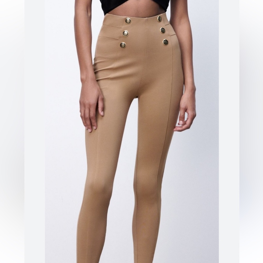 Zara High Waist Tan Elastic Leggings with Gold Buttons